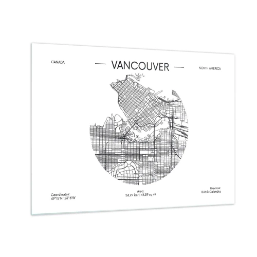 Obraz na skle - Černobílá mapa ulic Vancouveru - 70x50cm - Anatomie Vancouveru - Moderní nástěnná dekorace do obývacího pokoje a ložnice ARTTOR