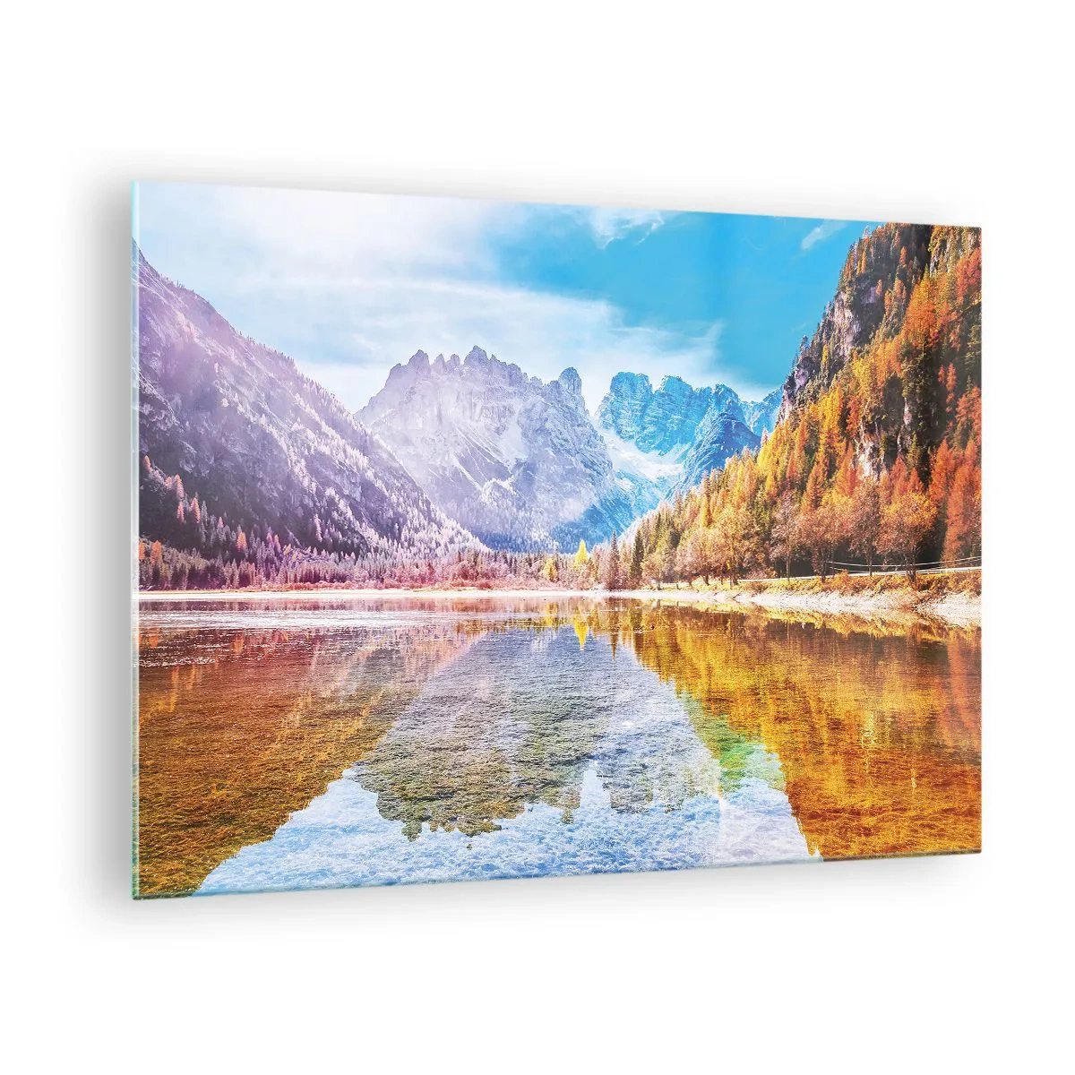 Obraz na skle - Podzimní hory se odrážejí v jezeře, obklopené barevnými stromy - 70x50cm - A v horách už je podzim - Moderní nástěnná dekorace do obývacího pokoje a ložnice ARTTOR