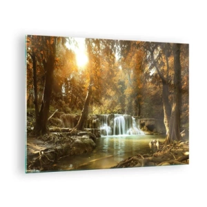 Obraz na skle - Vodopád v parku obklopeném stromy v podzimních barvách - 70x50cm - Parkový vodopád - Moderní nástěnná dekorace do obývacího pokoje a ložnice ARTTOR