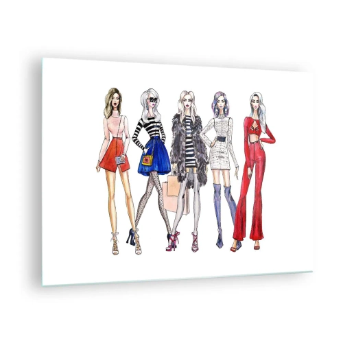 Obraz na skle - Módní postavy ve stylových oblecích na ilustraci - 70x50cm - Every week Fashion Week - Moderní nástěnná dekorace do obývacího pokoje a ložnice ARTTOR