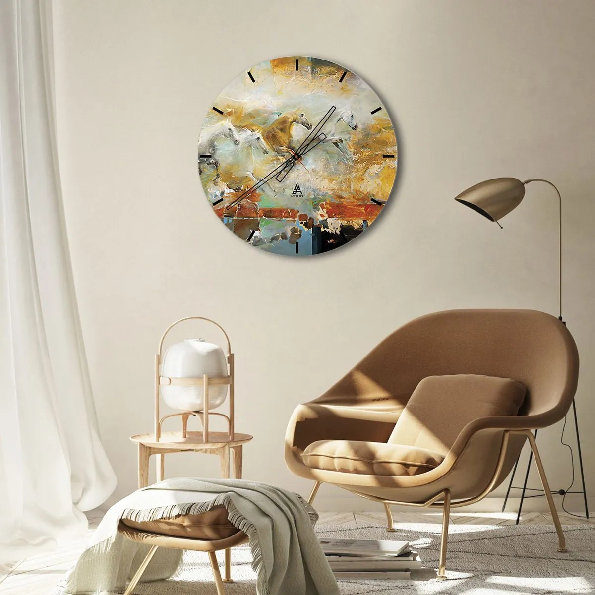 Nástěnné hodiny - Abstraktní koně v dynamickém pohybu - 30x30cm - Cválá světlem - Moderní nástěnná dekorace do obývacího pokoje, kuchyně a ložnice ARTTOR
