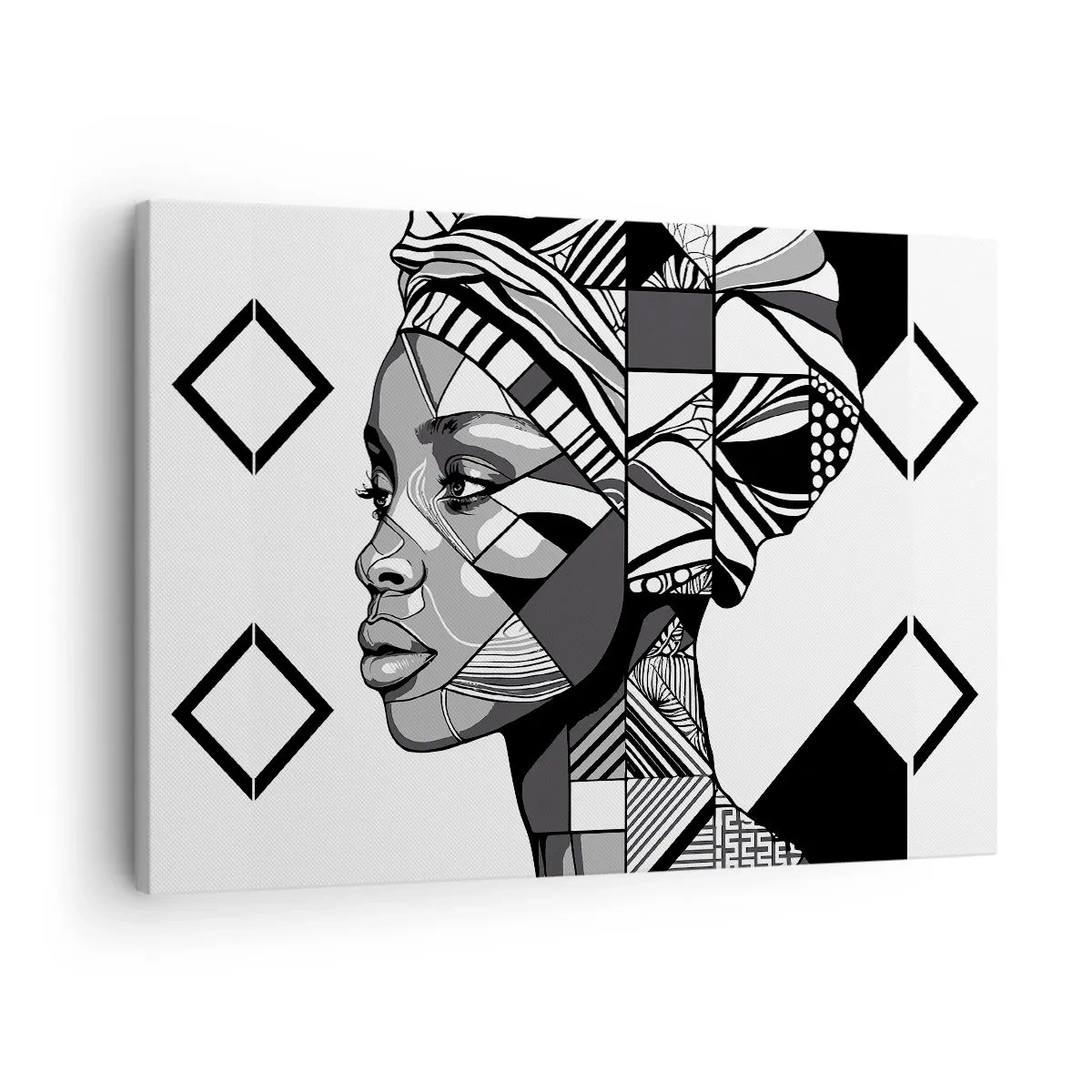 Obraz na plátně - Černobílý portrét ženy v etnickém stylu - 70x50cm - Etnický portrét - Moderní nástěnná dekorace do obývacího pokoje a ložnice ARTTOR