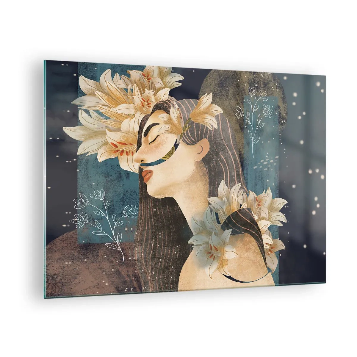 Obraz na skle - Ženská postava s liliemi v pohádkovém stylu - 70x50cm - Pohádka o princezně s liliemi - Moderní nástěnná dekorace do obývacího pokoje a ložnice ARTTOR