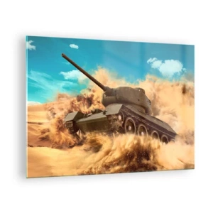 Obraz na skle - Tank v pohybu v poušti s létajícím prachem a jasnou oblohou - 70x50cm - Nedá se porazit - Moderní nástěnná dekorace do obývacího pokoje a ložnice ARTTOR