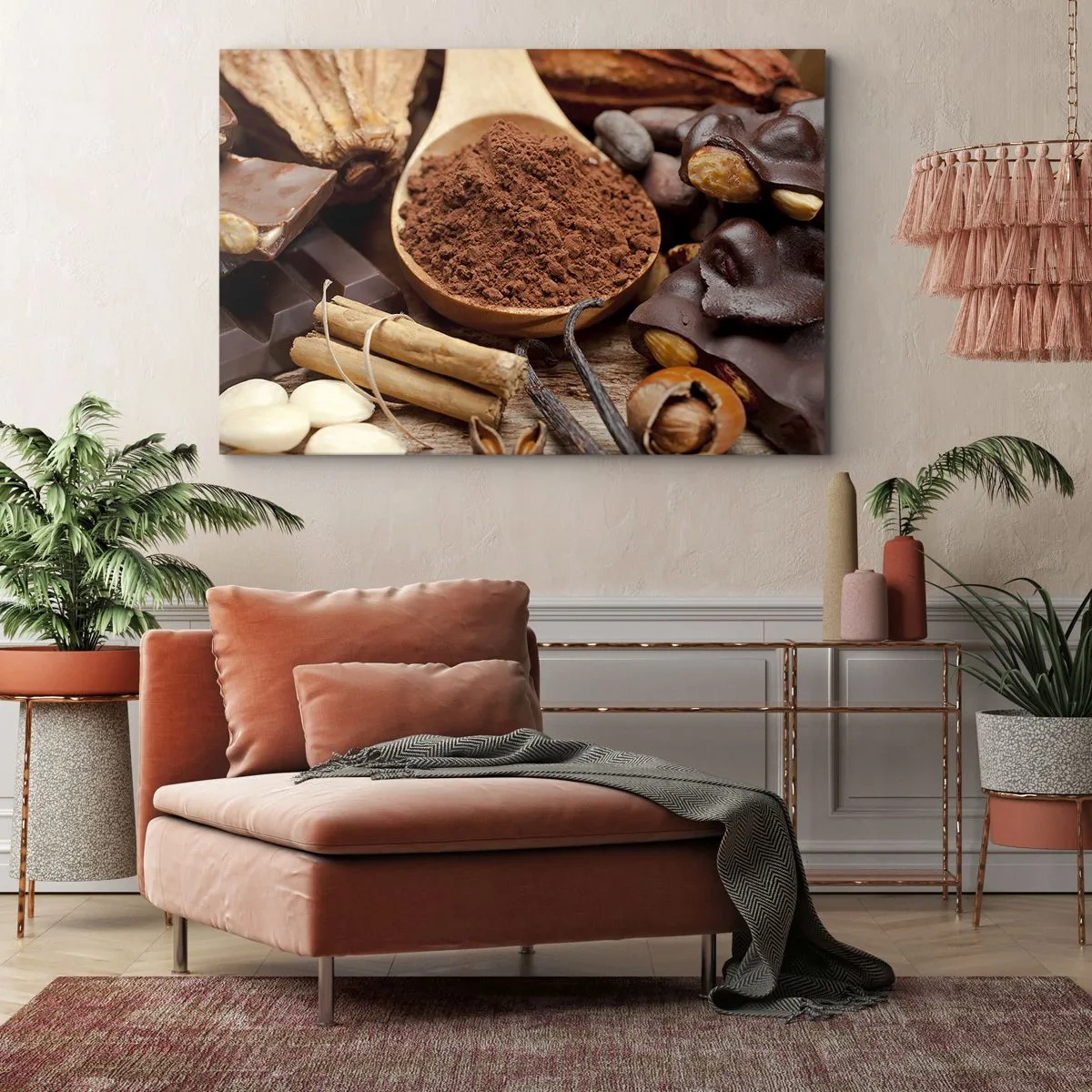 Obraz na plátně - Lžíce kakaových a čokoládových ingrediencí v rustikálním aranžmá - 70x50cm - Nejlepší na smutek - Moderní nástěnná dekorace do obývacího pokoje a ložnice ARTTOR