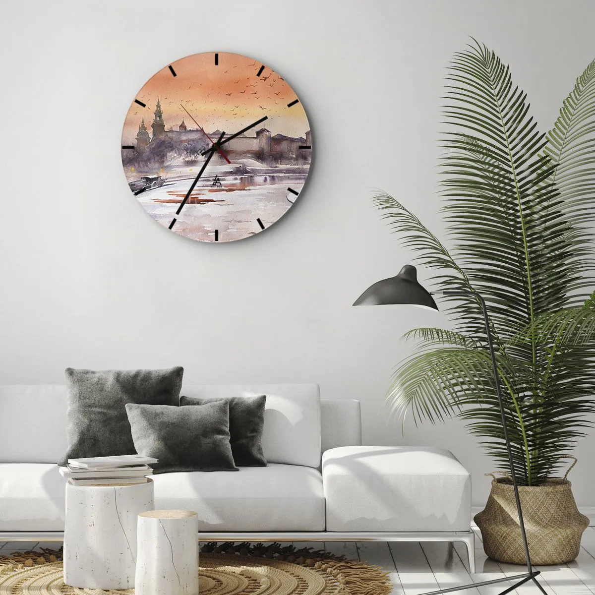 Nástěnné hodiny - Západ slunce nad hradem s řekou a ptáky na obloze - 30x30cm - Královský západ slunce - Moderní nástěnná dekorace do obývacího pokoje, kuchyně a ložnice ARTTOR