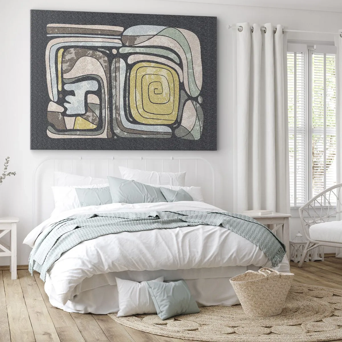 Obraz na plátně - Předkolumbovské vzory v pastelových barvách na tmavém pozadí - 70x50cm - Abstrakce v předkolumbovském duchu - Moderní nástěnná dekorace do obývacího pokoje a ložnice ARTTOR