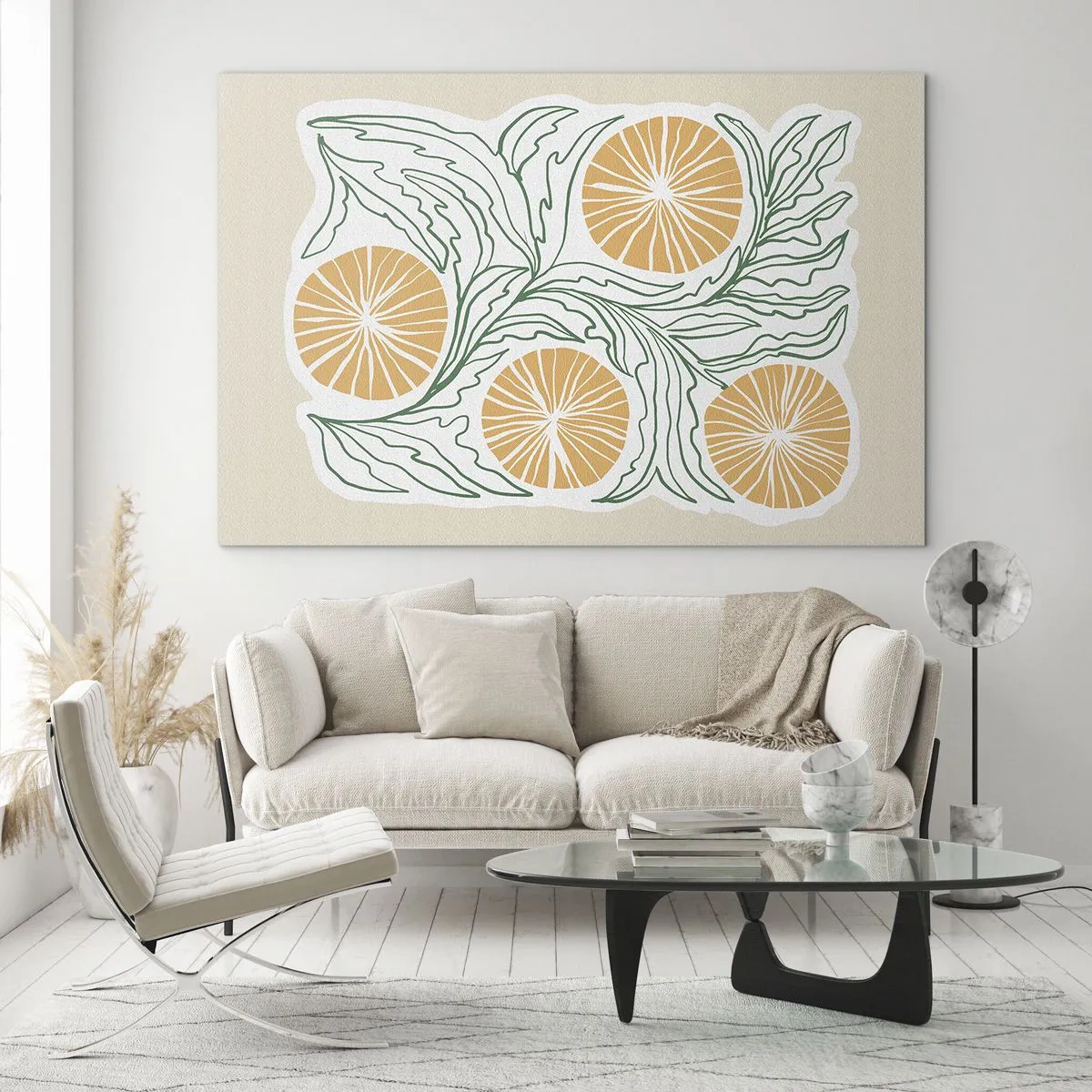 Obraz na skle - Oranžové plody a zelené listy v grafické kompozici - 70x50cm - Etnický s abstraktním nádechem - Moderní nástěnná dekorace do obývacího pokoje a ložnice ARTTOR