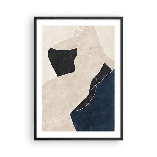 Plakát v černém rámu - Geometrická abstrakce v odstínech béžové, černé a tmavě modré - 50x70cm - Abstraktní kompozice – kontrast barev - Moderní nástěnná dekorace do obývacího pokoje a ložnice ARTTOR