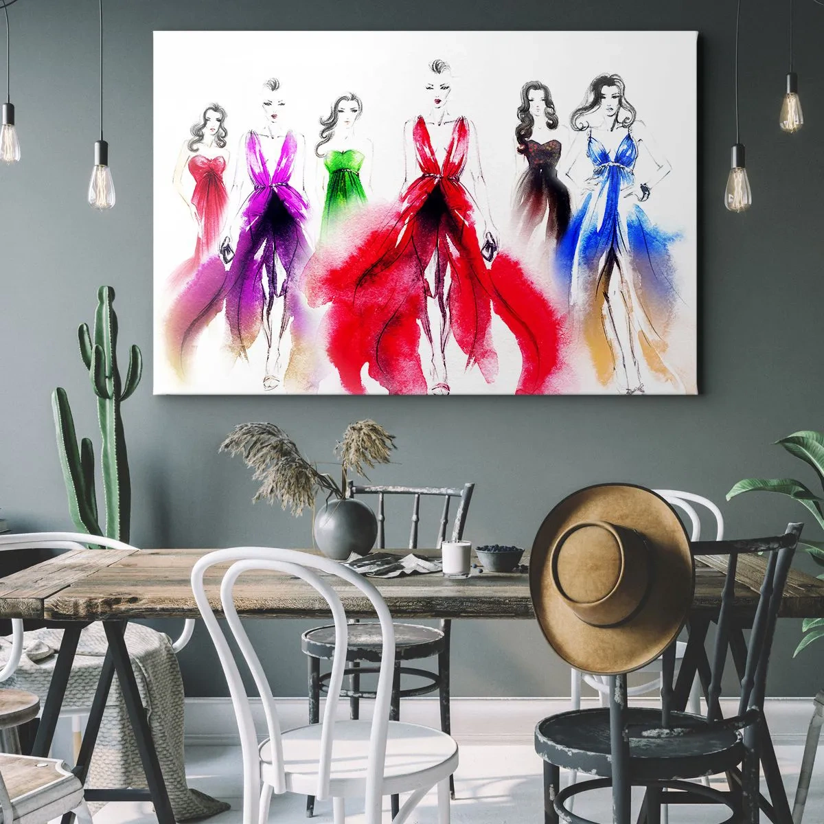 Obraz na plátně - Módní ilustrace s modelkami v barevných šatech - 70x50cm - Nálada na kostýmy - Moderní nástěnná dekorace do obývacího pokoje a ložnice ARTTOR