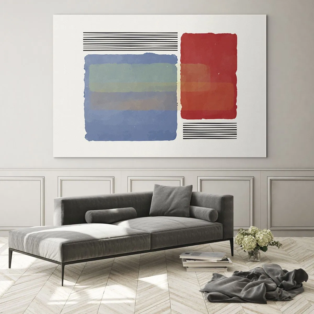Obraz na skle - Geometrická kompozice s červenými a modrými obdélníky - 70x50cm - Duch a písmeno geometrie - Moderní nástěnná dekorace do obývacího pokoje a ložnice ARTTOR
