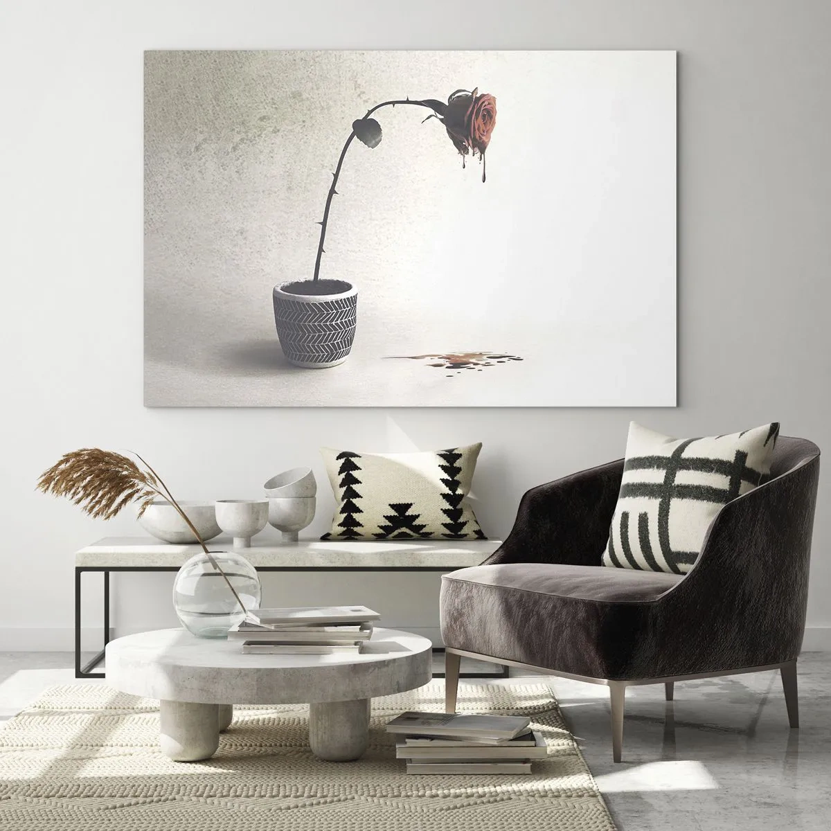 Obraz na skle - Symbolická růže v květináči s kapající barvou - 70x50cm - Rosa dolorosa - Moderní nástěnná dekorace do obývacího pokoje a ložnice ARTTOR