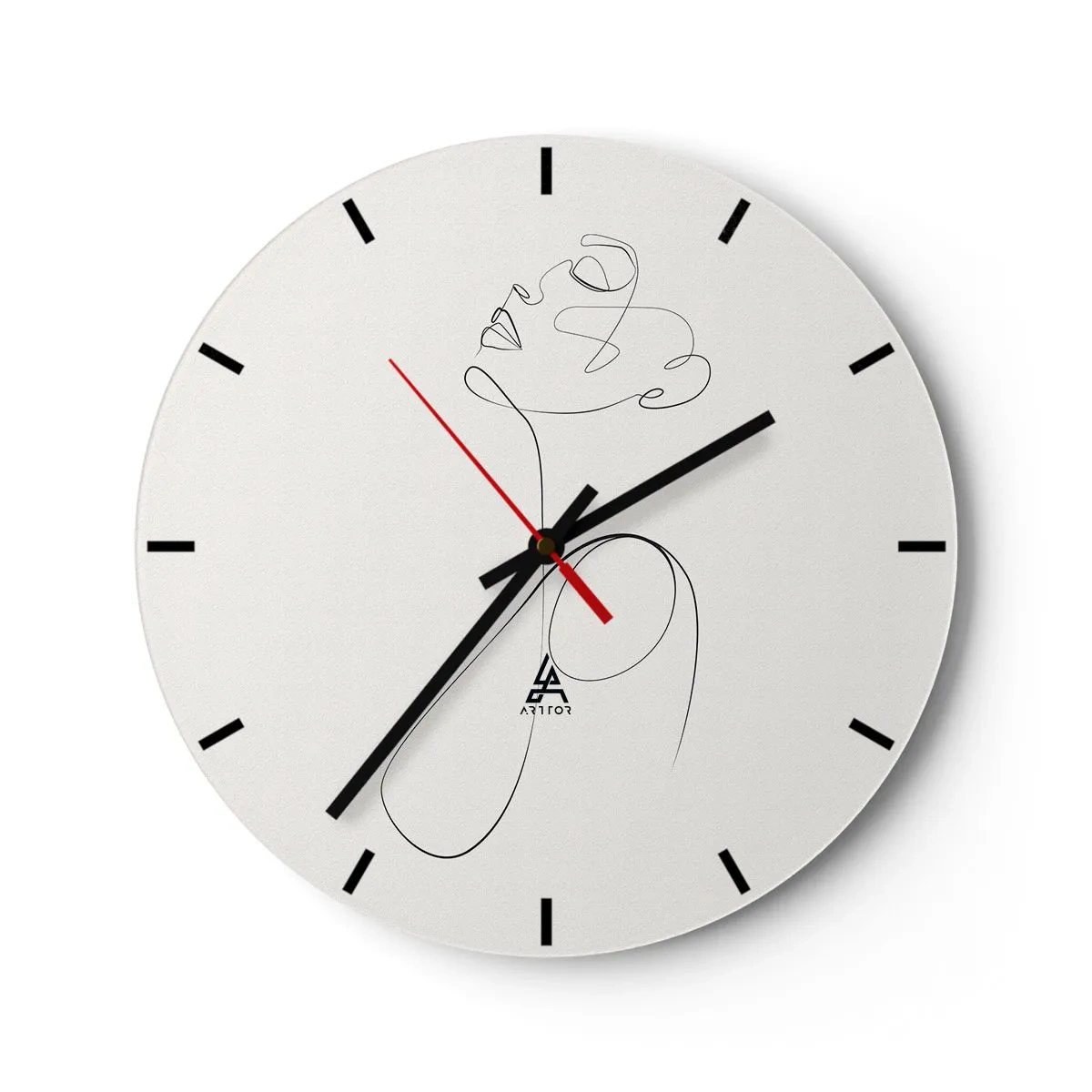 Nástěnné hodiny - Ženský profil s černou linkou na světlém pozadí - 30x30cm - Zamotaná ve snech - Moderní nástěnná dekorace do obývacího pokoje, kuchyně a ložnice ARTTOR