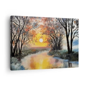 Obraz na plátně - Západ slunce nad řekou v podzimní krajině - 70x50cm - Podzimní nádech - Moderní nástěnná dekorace do obývacího pokoje a ložnice ARTTOR