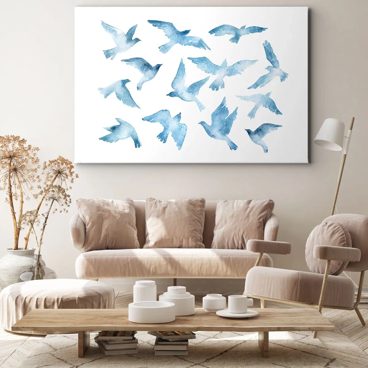 Obraz na plátně - Jemný akvarel zobrazující letící ptáky - 70x50cm - Nebeští ptáci - Moderní nástěnná dekorace do obývacího pokoje a ložnice ARTTOR