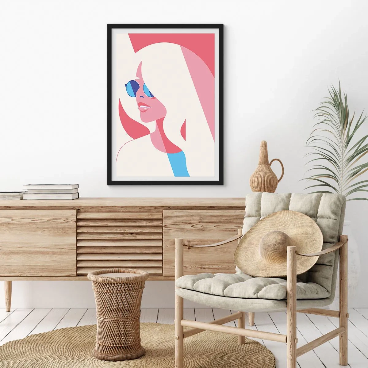 Plakát v černém rámu - Stylizovaný portrét ženy se slunečními brýlemi - 50x70cm - Byla to blondýna… - Moderní nástěnná dekorace do obývacího pokoje a ložnice ARTTOR