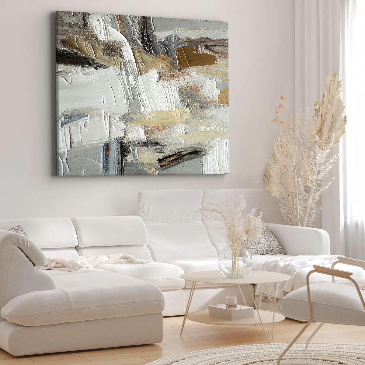 Obraz na plátně - Texturální abstrakce v zemitých tónech a bílé - 70x50cm - Barevné nahromadění - Moderní nástěnná dekorace do obývacího pokoje a ložnice ARTTOR