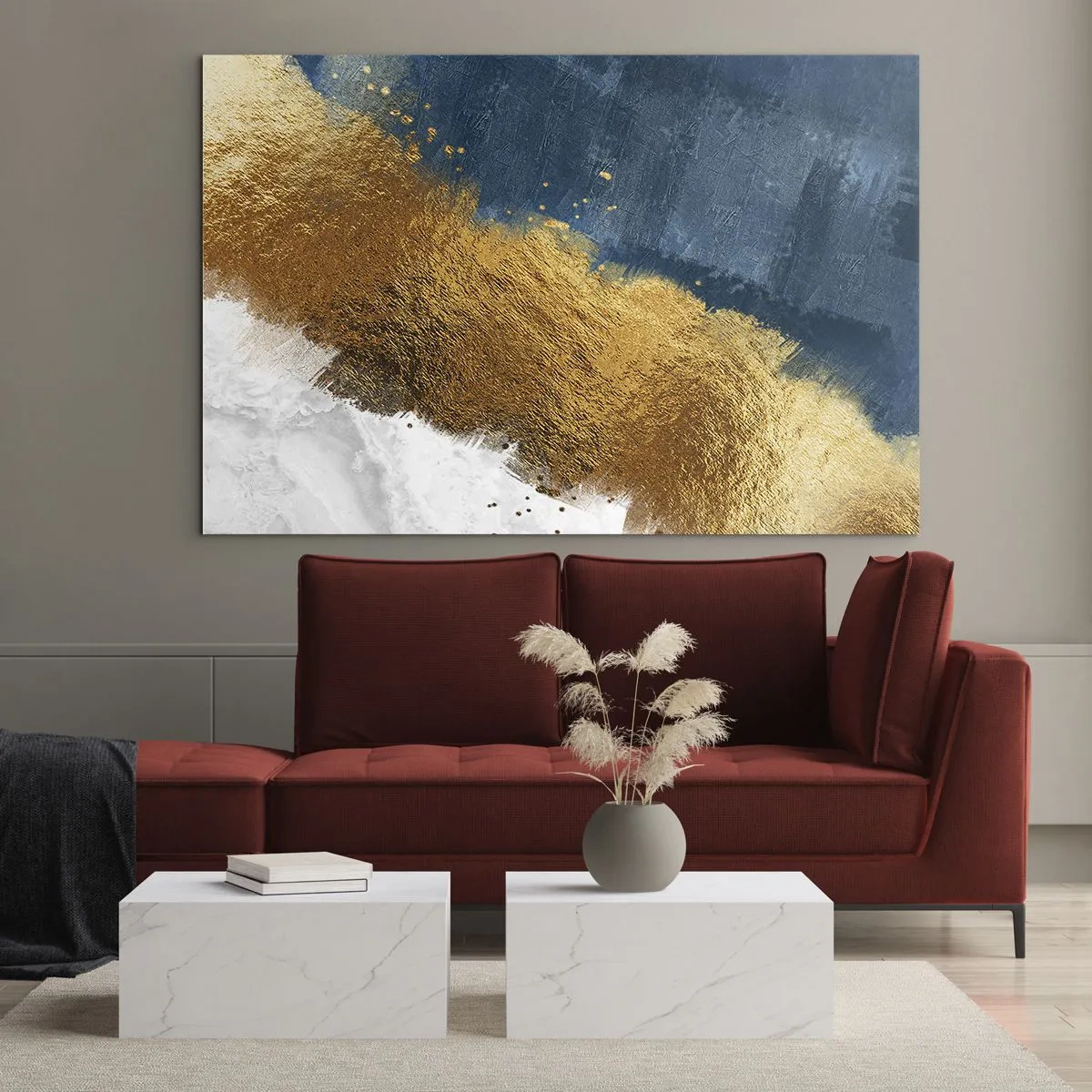 Obraz na skle - Zlaté tahy barvy na tmavě modrém a bílém pozadí - 70x50cm - Barvy léta - Moderní nástěnná dekorace do obývacího pokoje a ložnice ARTTOR
