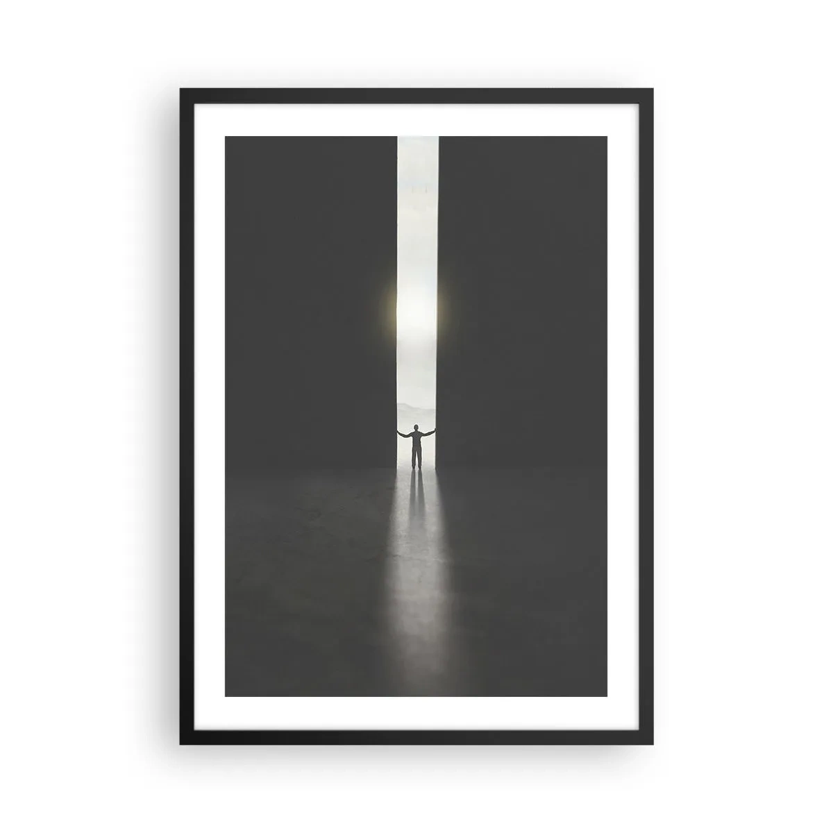 Plakát v černém rámu - Muž stojící ve světle praskliny v tmavém prostředí - 50x70cm - Krok ke světlé budoucnosti - Moderní nástěnná dekorace do obývacího pokoje a ložnice ARTTOR