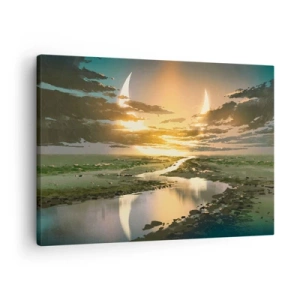 Obraz na plátně - Fantastická krajina se dvěma měsíci na obzoru - 70x50cm - Někde ve vzdálené galaxii - Moderní nástěnná dekorace do obývacího pokoje a ložnice ARTTOR