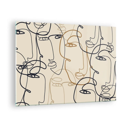 Obraz na skle - Konturované obličeje nakreslené jedním tahem na béžové - 70x50cm - Portrét znásobený - Moderní nástěnná dekorace do obývacího pokoje a ložnice ARTTOR