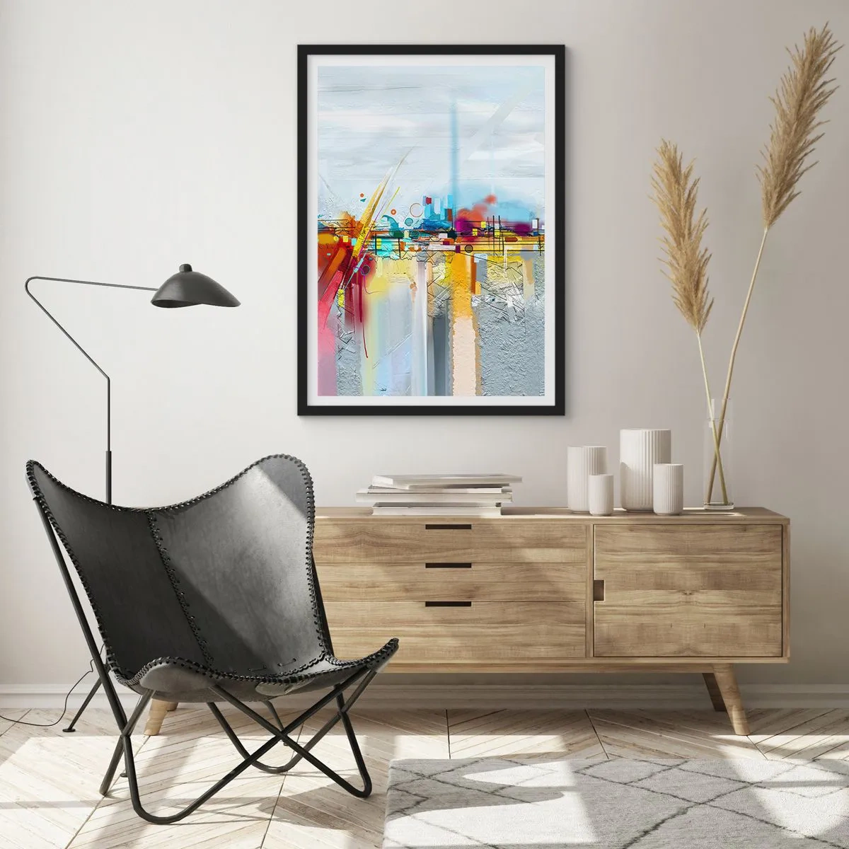 Plakát v černém rámu - Barevné abstraktní panorama města - 50x70cm - Most radosti nad řekou života - Moderní nástěnná dekorace do obývacího pokoje a ložnice ARTTOR