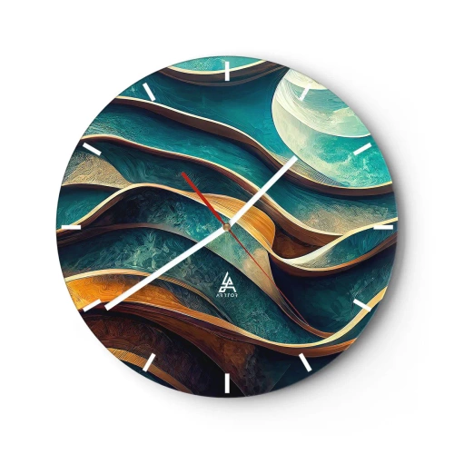Nástěnné hodiny - Abstraktní vlny modré a hnědé s 3D efektem - 30x30cm - Meandry modré - Moderní nástěnná dekorace do obývacího pokoje, kuchyně a ložnice ARTTOR