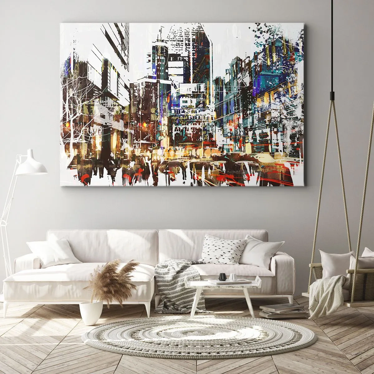 Obraz na plátně - Moderní městská krajina v uměleckém stylu - 70x50cm - Třpytivé město - Moderní nástěnná dekorace do obývacího pokoje a ložnice ARTTOR