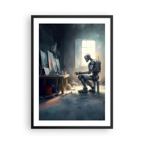 Plakát v černém rámu - Robotický umělec maluje obrazy ve svém ateliéru - 50x70cm - Akt stvoření - Moderní nástěnná dekorace do obývacího pokoje a ložnice ARTTOR