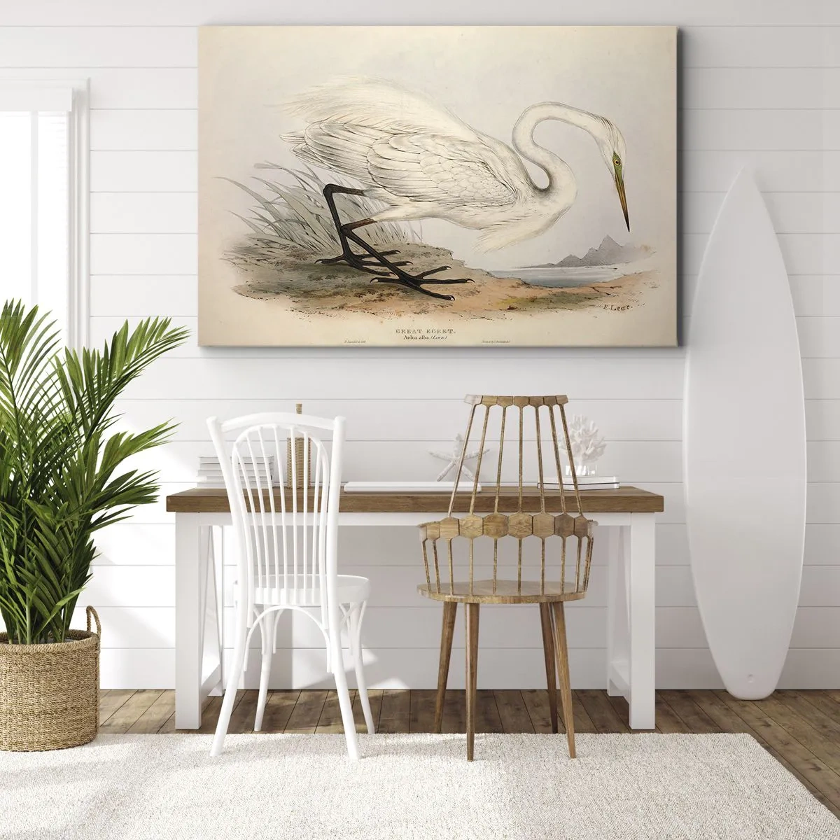 Obraz na plátně - Kresba bílé volavky na pozadí přírodní krajiny - 70x50cm - Paní rákosin - Moderní nástěnná dekorace do obývacího pokoje a ložnice ARTTOR