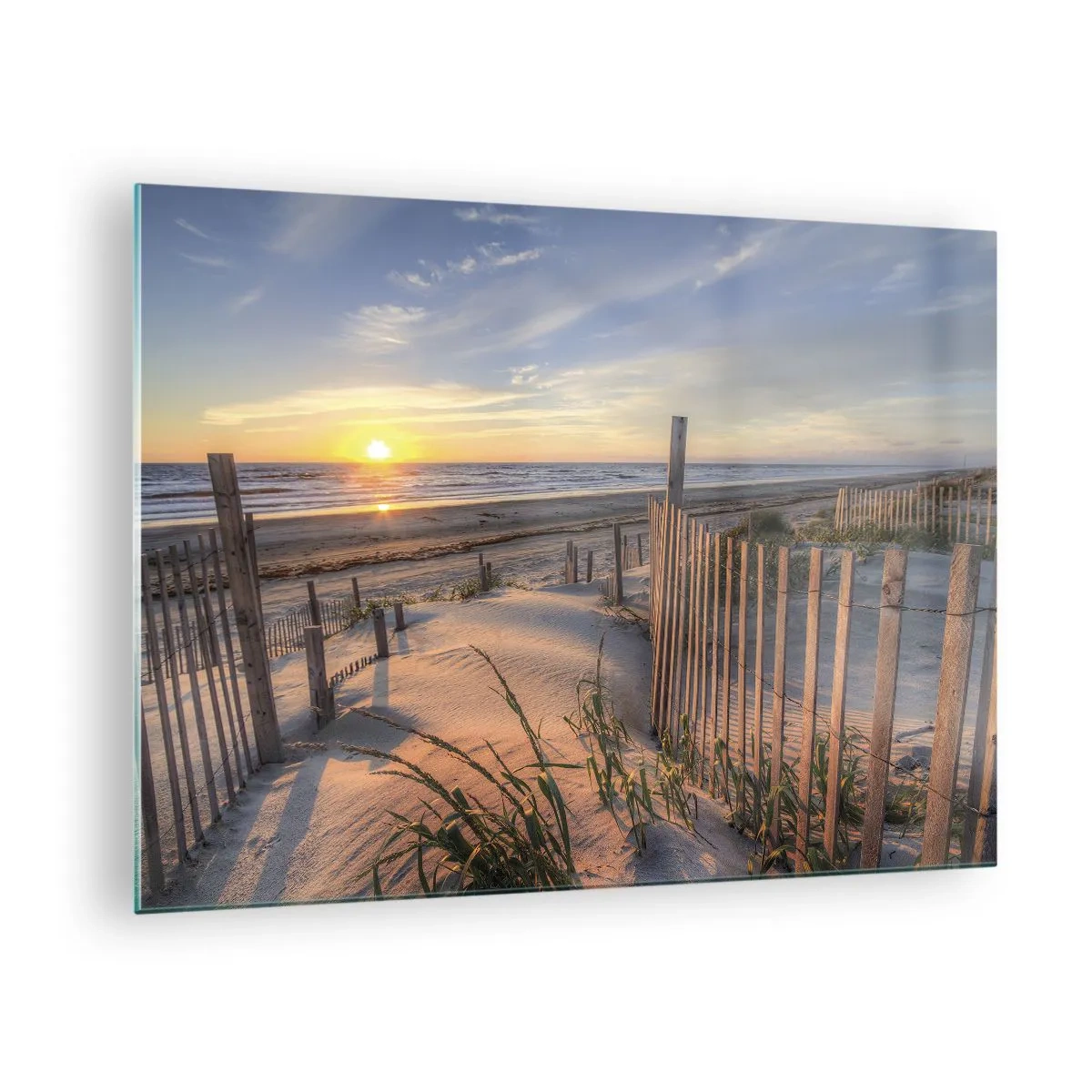 Obraz na skle - Pláž s dunami při západu slunce - 70x50cm - Odlesk a stín větru - Moderní nástěnná dekorace do obývacího pokoje a ložnice ARTTOR