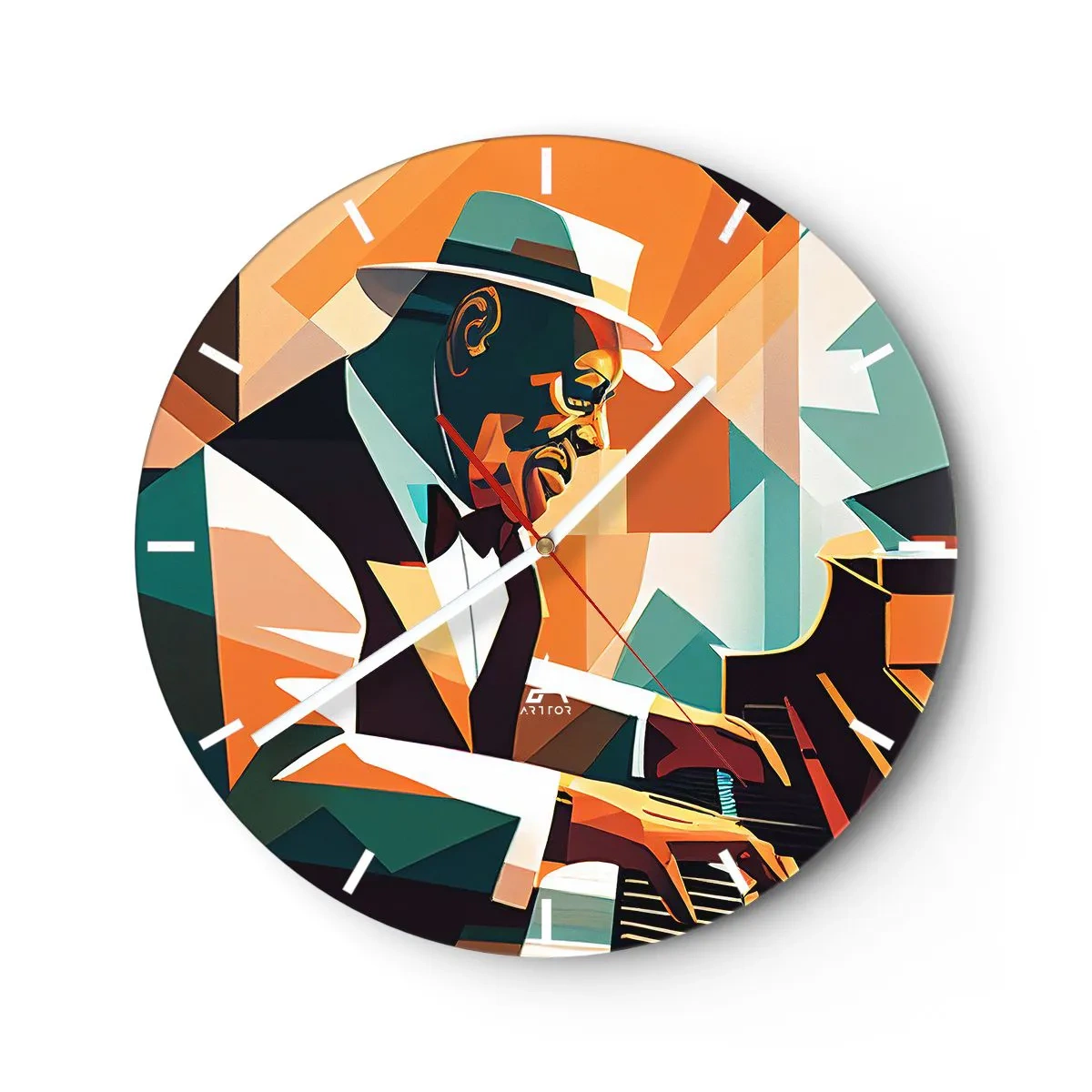 Nástěnné hodiny - Jazzový hudebník u klavíru v geometrickém stylu - 30x30cm - Celý tento jazz - Moderní nástěnná dekorace do obývacího pokoje, kuchyně a ložnice ARTTOR