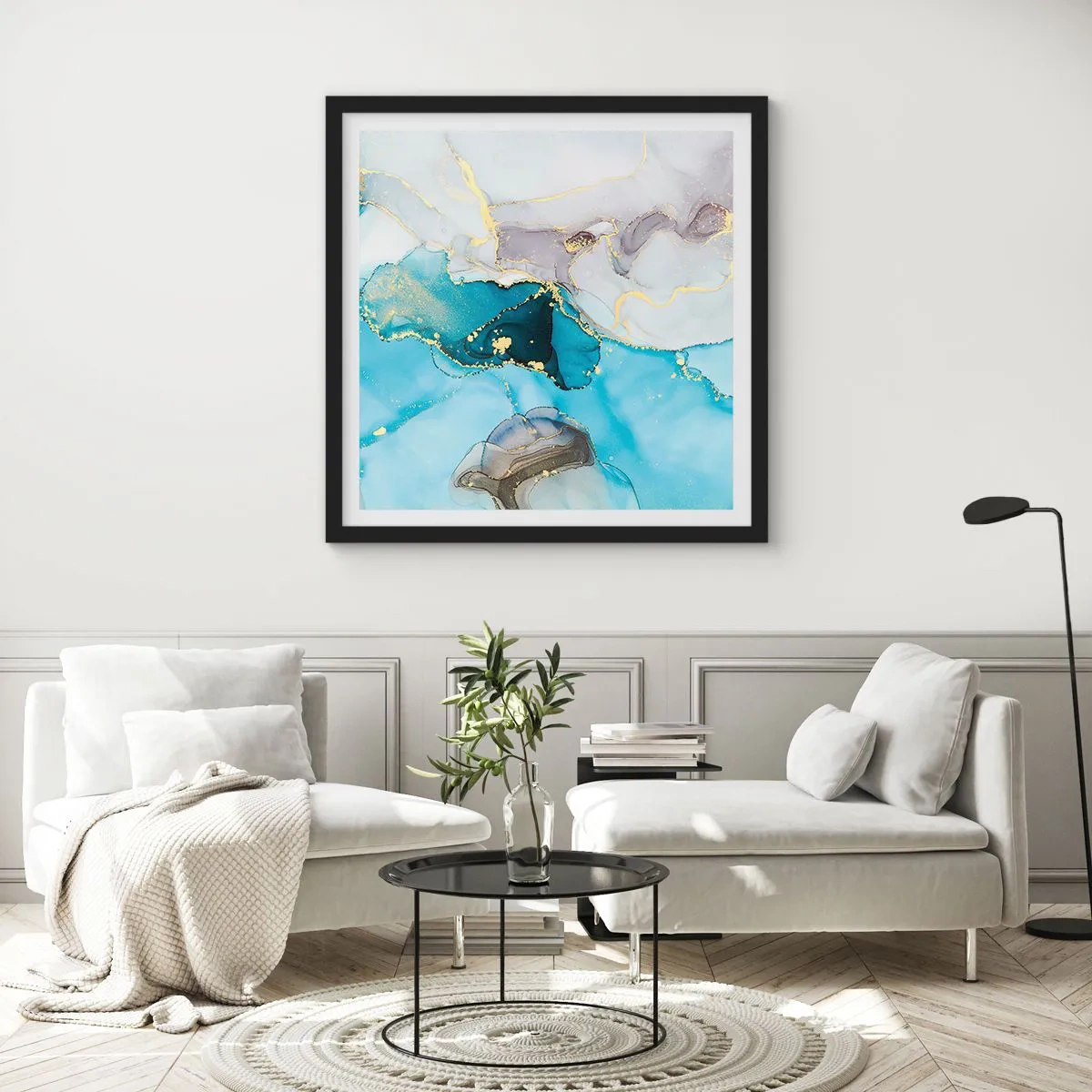 Plakát v černém rámu - Studie o setkání šedé a tyrkysové - 50x50 cm