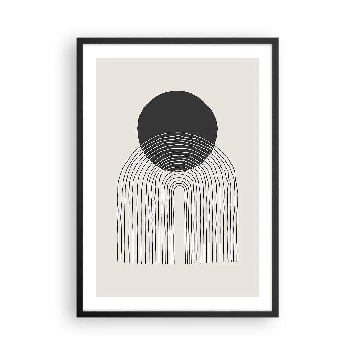 Plakát v černém rámu - Minimalistický černobílý motiv kruhů a čar - 50x70cm - Chvění a jistota - Moderní nástěnná dekorace do obývacího pokoje a ložnice ARTTOR