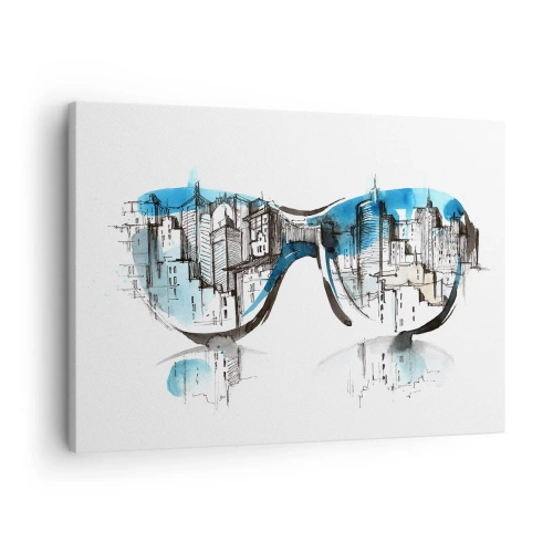 Obraz na plátně - Akvarel panoramatu města odrážející se v brýlích - 70x50cm - Velkoměstská elegance - Moderní nástěnná dekorace do obývacího pokoje a ložnice ARTTOR