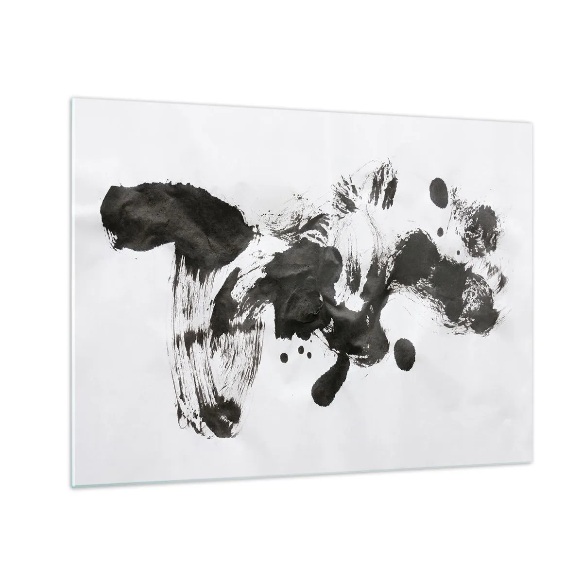 Obraz na skle - Abstraktní černé skvrny a tahy štětcem na bílém pozadí - 70x50cm - Metoda v šílenství? - Moderní nástěnná dekorace do obývacího pokoje a ložnice ARTTOR