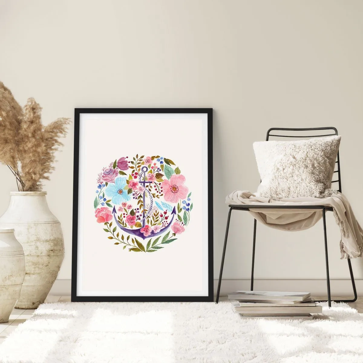 Plakát v černém rámu - Akvarelová kotva obklopená květinami na světlém pozadí. - 50x70cm - Námořníkův hezký sen - Moderní nástěnná dekorace do obývacího pokoje a ložnice ARTTOR