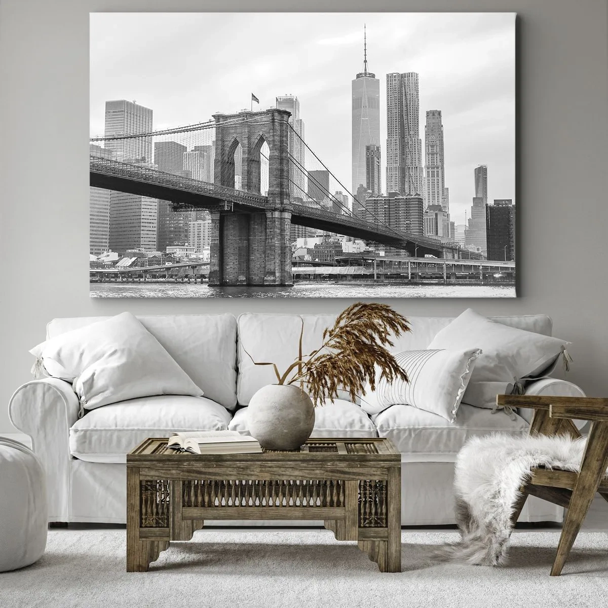 Obraz na plátně - Brooklynský most s newyorskými mrakodrapy v pozadí - 70x50cm - Newyorské zázraky - Moderní nástěnná dekorace do obývacího pokoje a ložnice ARTTOR
