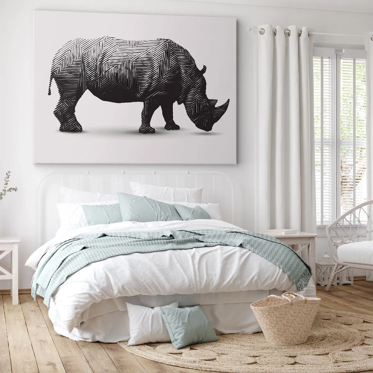 Obraz na plátně - Grafická silueta nosorožce v černobílém vzoru - 70x50cm - Geometrická krása přírody - Moderní nástěnná dekorace do obývacího pokoje a ložnice ARTTOR