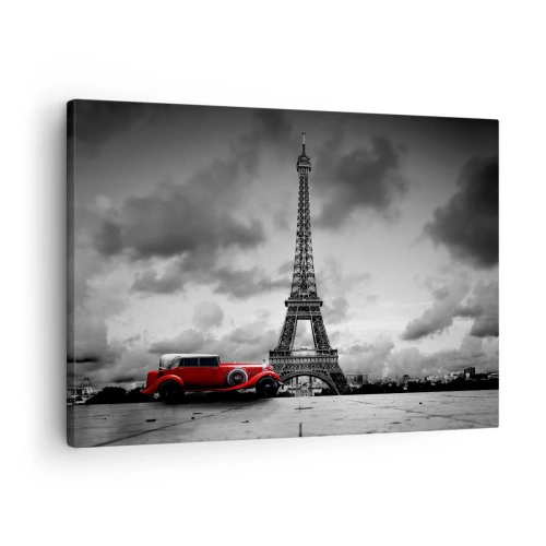 Obraz na plátně - Červené retro auto před Eiffelovou věží v černé a bílé - 70x50cm - Ne tak dávno v Paříži - Moderní nástěnná dekorace do obývacího pokoje a ložnice ARTTOR