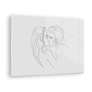 Obraz na skle - Minimalistická kresba romantického polibku - 70x50cm - Jedním tahem - Moderní nástěnná dekorace do obývacího pokoje a ložnice ARTTOR