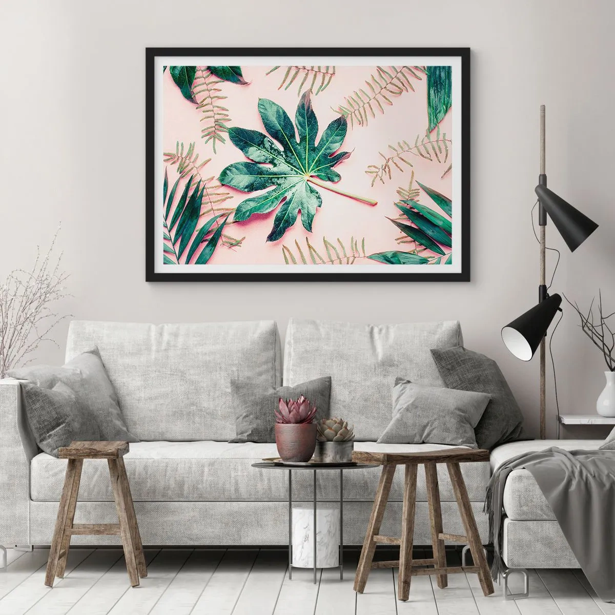 Plakát v černém rámu - Studie zelené na růžovém pozadí - 100x70 cm