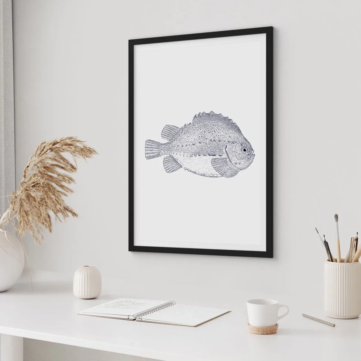 Plakát v černém rámu - Ilustrace vintage ryb na světlém pozadí - 50x70cm - Do alba přírodovědce - Moderní nástěnná dekorace do obývacího pokoje a ložnice ARTTOR