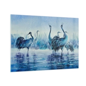 Obraz na skle - Ptáci brodící se v modré vodě - 70x50cm - Ranní setkání - Moderní nástěnná dekorace do obývacího pokoje a ložnice ARTTOR