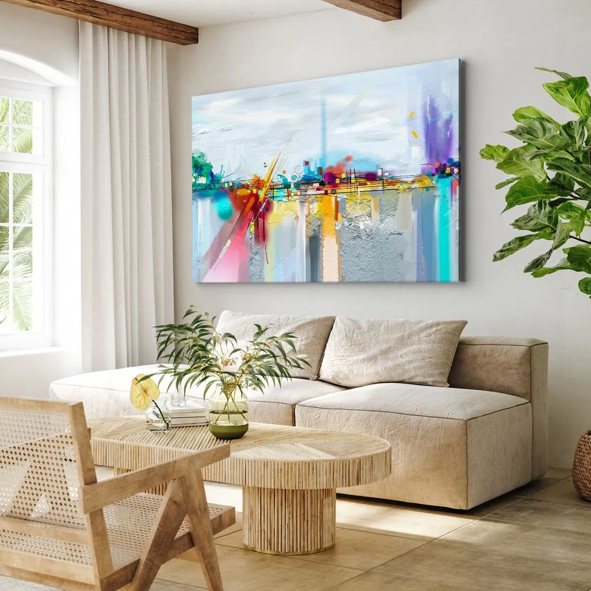 Obraz na plátně - Abstraktní krajina s barevnými akcenty - 70x50cm - Most radosti nad řekou života - Moderní nástěnná dekorace do obývacího pokoje a ložnice ARTTOR