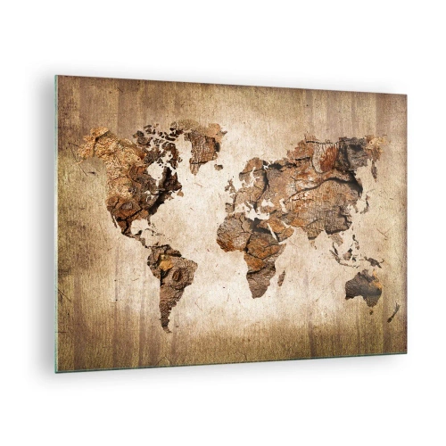 Obraz na skle - Mapa světa v hnědých odstínech imitujících dřevo - 70x50cm - Objev světa - Moderní nástěnná dekorace do obývacího pokoje a ložnice ARTTOR