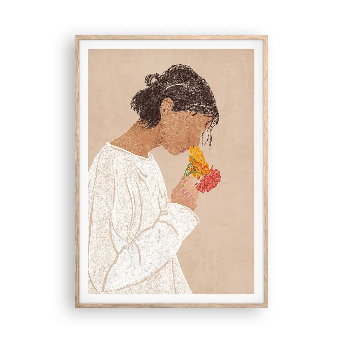 Plakát v rámu světlý dub - Dívka a květiny - 70x100 cm