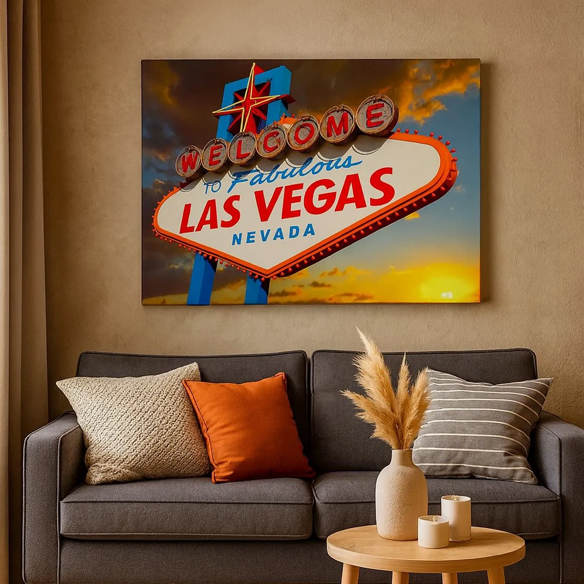 Obraz na plátně - Slavný nápis Vítejte v báječném Las Vegas při západu slunce - 70x50cm - Po úsměv osudu - Moderní nástěnná dekorace do obývacího pokoje a ložnice ARTTOR