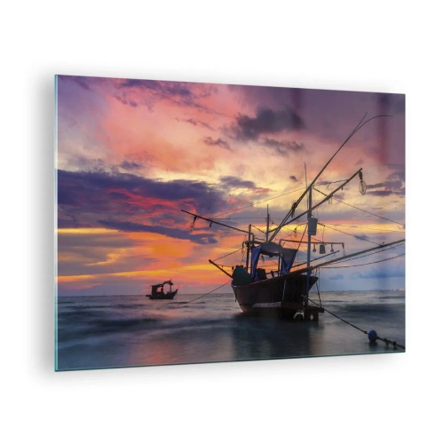 Obraz na skle - Rybářské lodě na moři při západu slunce - 70x50cm - Exotický večer - Moderní nástěnná dekorace do obývacího pokoje a ložnice ARTTOR