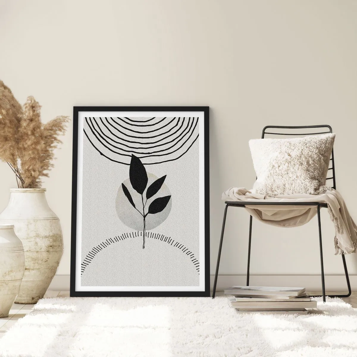 Plakát v černém rámu - Minimalistická ilustrace listů s geometrickými vzory - 50x70cm - Kompozice: rituály přírody - Moderní nástěnná dekorace do obývacího pokoje a ložnice ARTTOR